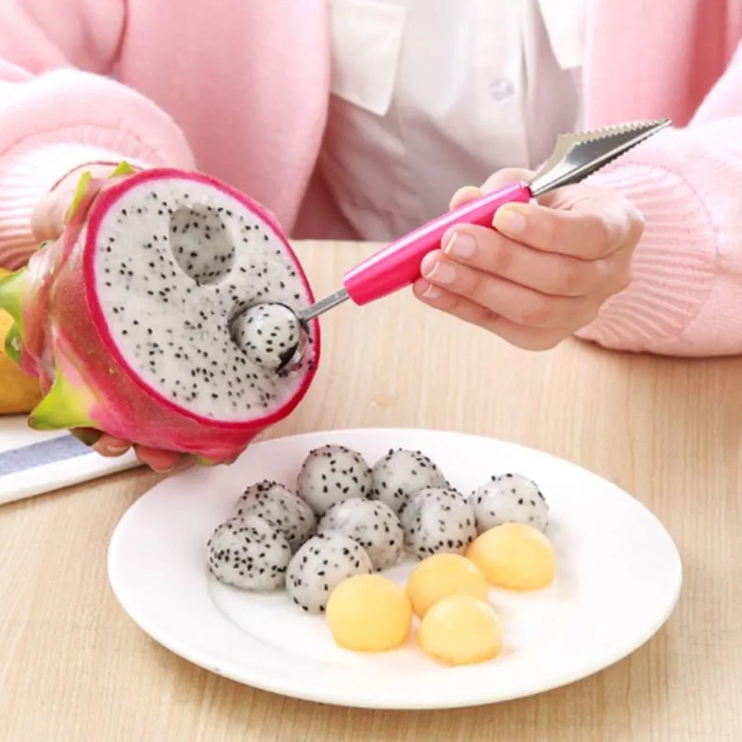 7031 Multifunctional Stainless Steel Fruit, Vegetable Pattern Carving Knife Peeler Corer Spherical Dig Ball Scoop, Garnishing Dig Ball Spoon Kit. DeoDap 7031 Multifunctional Stainless Steel Fruit, Vegetable Pattern Carving Knife Peeler Corer Spherical Dig Ball Scoop, Garnishing Dig Ball Spoon Kit. DeoDap